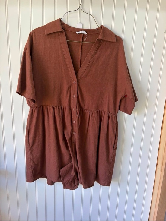 vestique Pants - Vestique dark Brown loose fit oversized Button-Front Henley Short Sleeve romper
